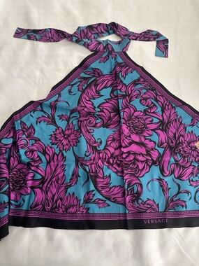 Versace Vibrant backless Floral Halter Scarf Top in Turquoise & Fuchsia